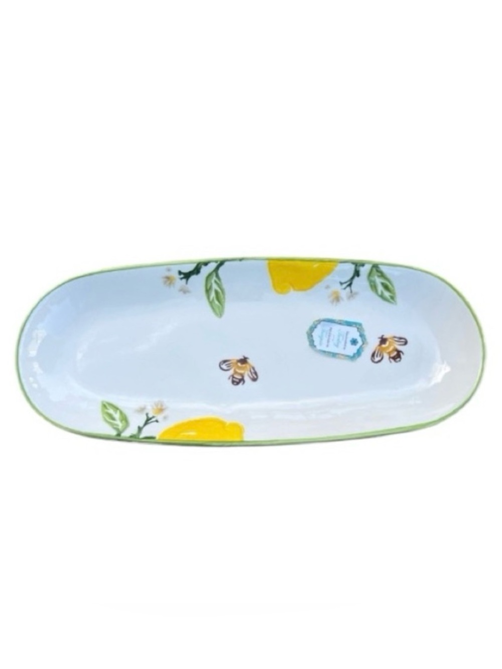 Hand Painted Lemon Bee Long Tapas Plate 14” Ceramic Appetizer Dish Serving Plate